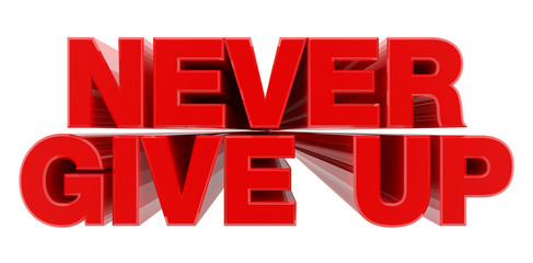 NEVER GIVE UP red word on white background illustration 3D rendering