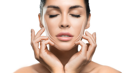 Woman touching her face on white background.