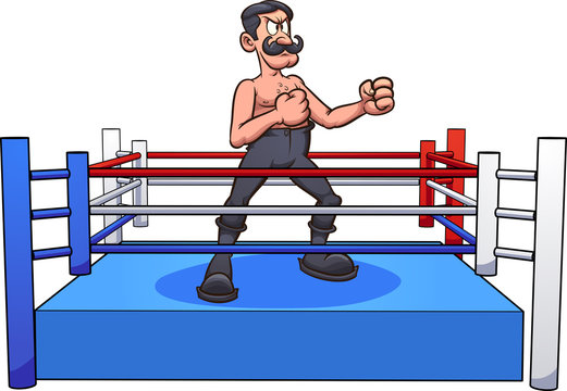 Retro Cartoon Male Boxer With Handle Bar Mustache On A Boxing Ring Clip Art. Vector Illustration With Simple Gradients. Some Elements On Separate Layers. 