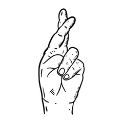 Crossed fingers hand drawn vector illustration. Engraving style.
