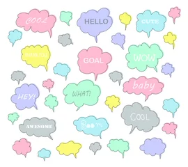 Foto op Canvas Hand draw speech bubble set. Cute pastel doodle style for chat, inbox, online, speech, bubble, text,question, Balloon, idea, business. Graphic illustration vector icon. © Nalinee