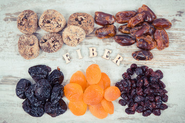 Vintage photo, Inscription fiber and ingredients as source natural vitamins and minerals, healthy nutrition concept