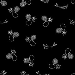 Seamless cat and fishbone Halloween outline, great design for any purposes. Line art design template with white seamless cat and fishbone Halloween outline on black background