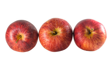 Top view of three ripe fresh red apples isolated on white background with clipping path