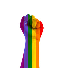 Colourful Hand fist raising for campaign LGBTQ symbol for lesbian, gay, bisexual, transgender and queer or questioning on isolated background.