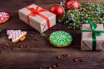 Christmas homemade gingerbread cookies on wooden table. It can be used as a background