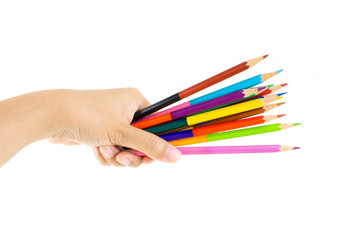 Hand holding colour pencils on isolated white background for kids study and learn art when back school.