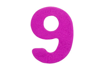 Purple wooden number nine without shadow isolated on a white background.