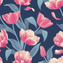 Seamless pattern of orange tulip flowers background. Vector set of blooming floral for holiday invitations, greeting card and fashion design.