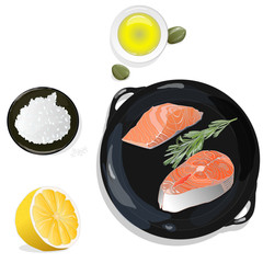 Raw salmon fillets on the pan with herbs. White background. Vector illustration, separated layers.