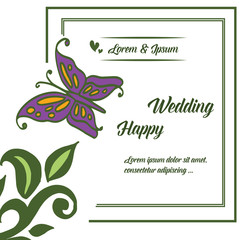 Template design happy wedding, texture green leaf and decoration butterfly. Vector