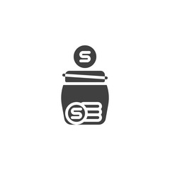Money box jar vector icon. filled flat sign for mobile concept and web design. Coins jar glyph icon. Save money symbol, logo illustration. Vector graphics