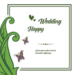 Branches green leaf, decoration butterfly, pattern ornate of card happy wedding. Vector