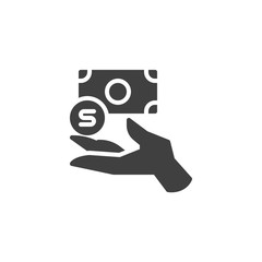 Hand with money vector icon. filled flat sign for mobile concept and web design. Hand holds dollar coin and paper bill glyph icon. Investment symbol, logo illustration. Vector graphics
