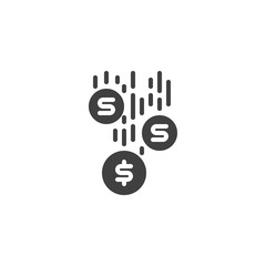 Coins money falling vector icon. filled flat sign for mobile concept and web design. Dollar money rain glyph icon. Symbol, logo illustration. Vector graphics