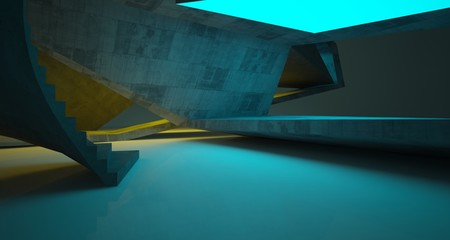Fototapeta na wymiar Abstract architectural concrete interior of a minimalist house with color gradient neon lighting. 3D illustration and rendering.