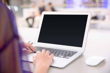 Fototapeta na wymiar Isolated mockup image of laptop and female hand typing to laptop.