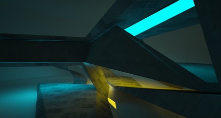 Fototapeta premium Abstract architectural concrete interior of a minimalist house with color gradient neon lighting. 3D illustration and rendering.