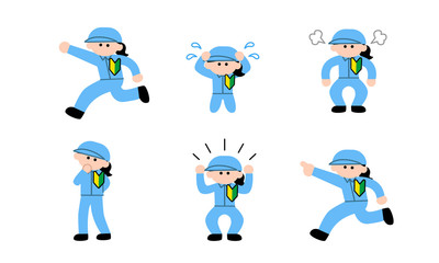 新人作業員女性の色々なポーズセット（デフォルメ）