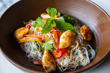 Glass Noodle or Mung Bean Noodle Spicy Salad with shrimp and squid.
