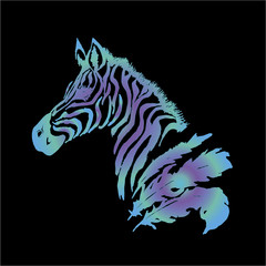 Color gradient illustration of a psychedellic zebra with feathers. Tattoo idea.