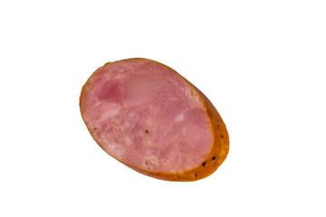 Sliced piece of smoked sausage isolated on a white background