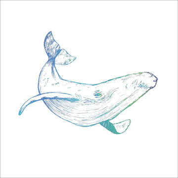 Neon illustration of a whale raising tail in the sea waves. An idea for a tattoo.