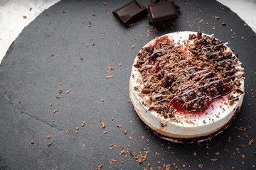 Slate Board with chocolate chip cake. Copy space