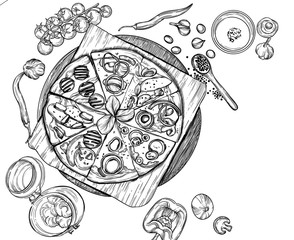 vector illustration of pizza with vegetables and spices