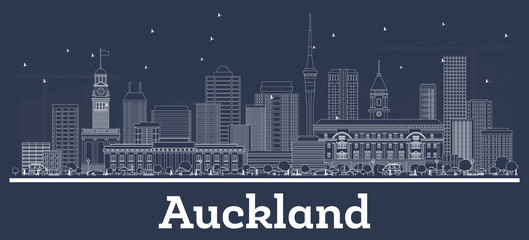 Outline Auckland New Zealand City Skyline with White Buildings.