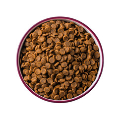 Ceramic bowl with cat food top view isolated on white background