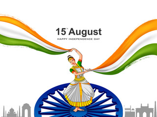 vector illustration of Lady dancer on Indian tricolor background for 15th August Happy Independence Day of India