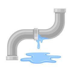 Water flows from the joint of a bent pipe. Vector illustration on white background.