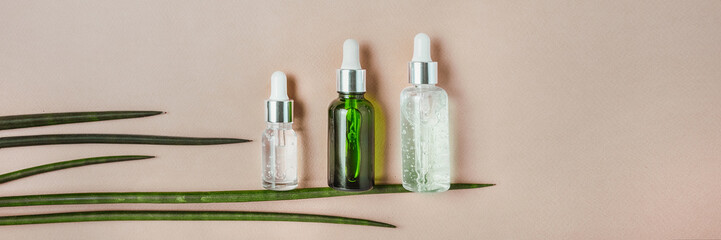 Organic, natural cosmetics. Hyaluronic acid, dysport, anti-aging care. Flat lay, minimalism, pastel. Banner