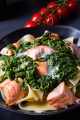 pappardelle pasta with creamed spinach and fried salmon