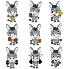 Set of funny donkey athlete in different sports and with prizes isolated on white background
