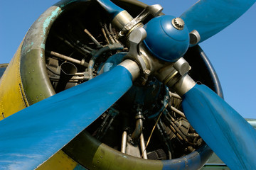 Aircraft. Engine and propeller. Front view. Close-up