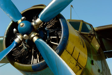 Aircraft. Engine and propeller. Front view. Close-up