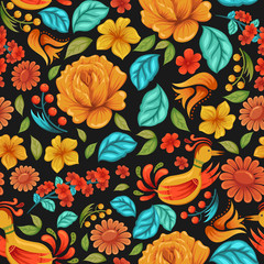 Cotton fabric Seamless pattern with folk floral ornaments in Russian style
