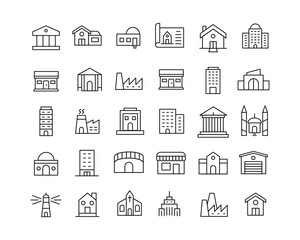 Modern thin line icons set of buildings.