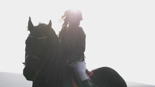 professional girl rider silhouette fixes long loose flowing curly hair sitting on stallion against sun slow motion