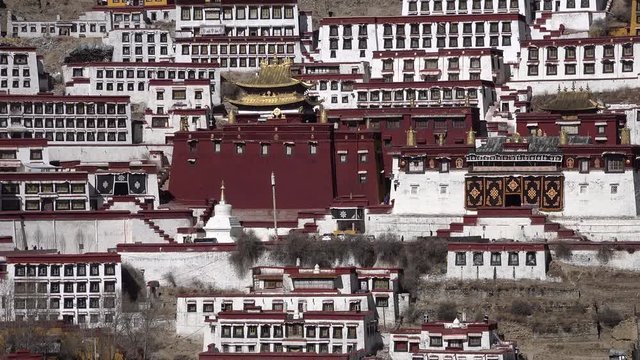 Close-up view of buildings of renovated Ganden monastery, important place of worship and education in Gelug university Tibet