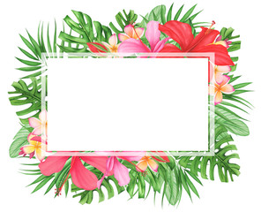 Fototapeta na wymiar Frame with Tropical leaves and flowers set, watercolor painting. Monstera and palm leaves. Plumeria and hibiscus.