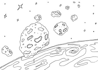 Comet and asteroid belt on the background of the planet. Vector black and white outline illustration for coloring