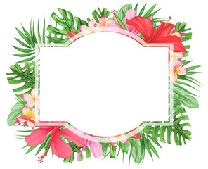 Frame with Tropical leaves and flowers set, watercolor painting. Monstera and palm leaves. Plumeria and hibiscus.