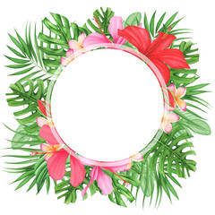 Frame with Tropical leaves and flowers set, watercolor painting. Monstera and palm leaves. Plumeria and hibiscus.