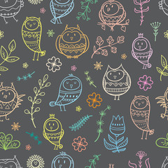 Seamless pattern with cute cartoon owls and plants on gray  background. Funny birds. Vector contour colrful  image. Doodle style.