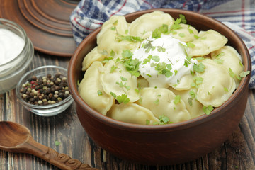 A ceramic bowl with freshly cooked Russian vareniki with mashed potato