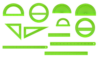 School set of plastic measure ruler, protractor and triangle in both imperial and metric units