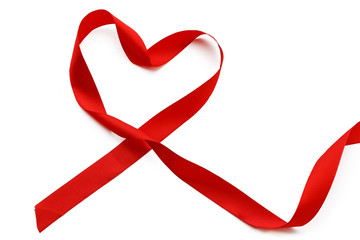 Top view close up of  red ribbon isolated on white background. Flat lay